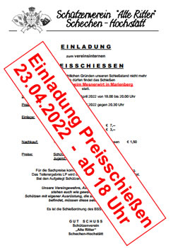 Einladung Preisschießen 23.04.2022  -  ab 18 Uhr beim Mesnerwirt in Marienberg