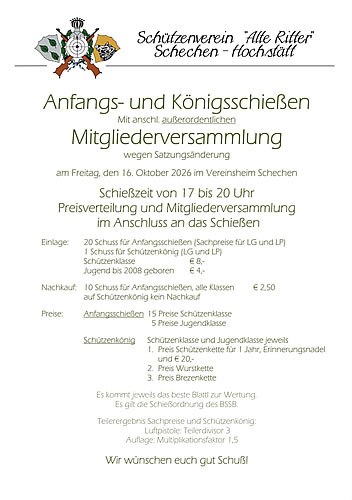 Anfangs- und Koenigschiessen mit Mitgliederversammlung - Freitag 16.10.2026 - 17 bis 20 Uhr Schießzeiten